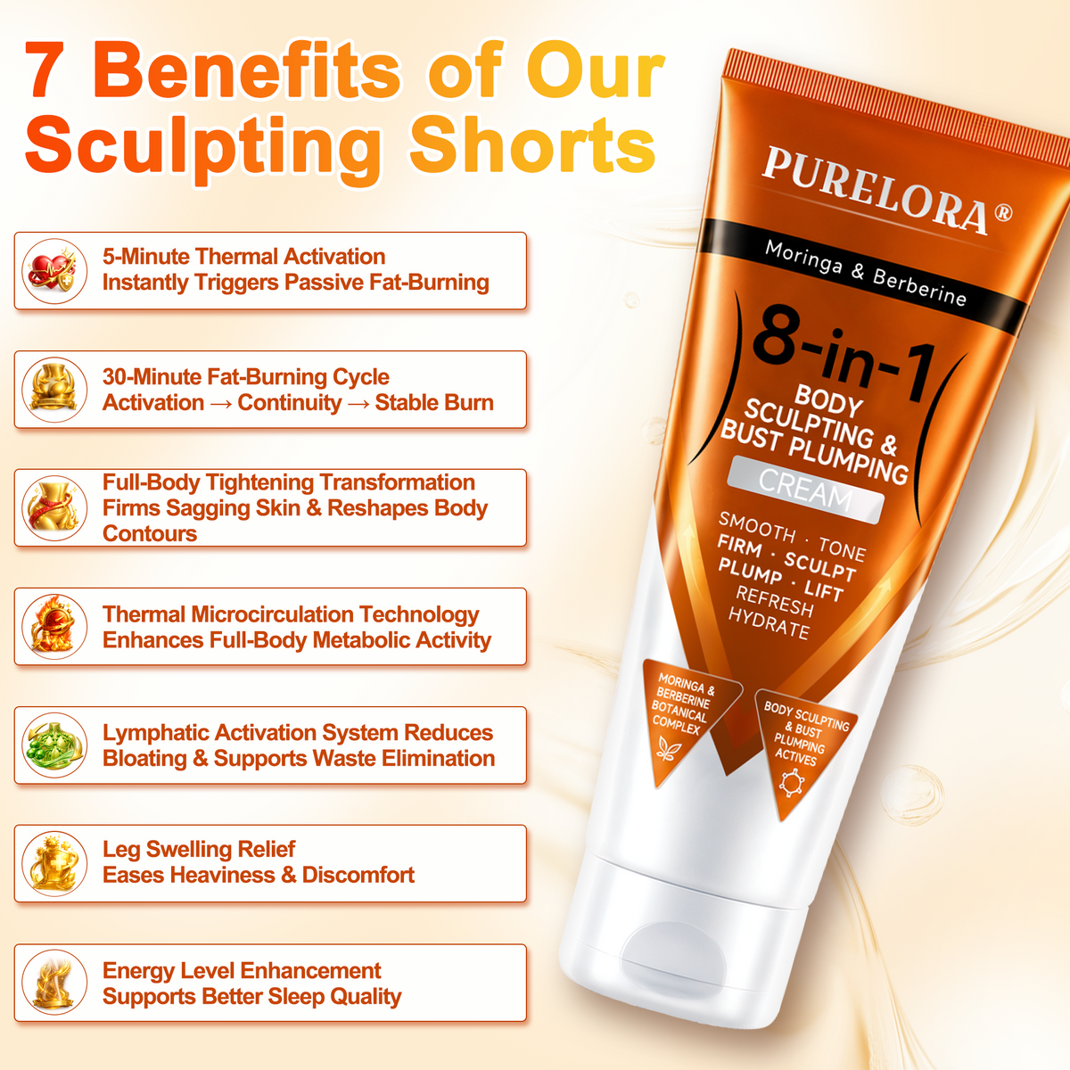 Moringa & Berberine 8-in-1 Body Sculpting & Bust Plumping Cream Smooth · Firm · Tone · Sculpt · Refresh · Hydrate · Plump · Lift