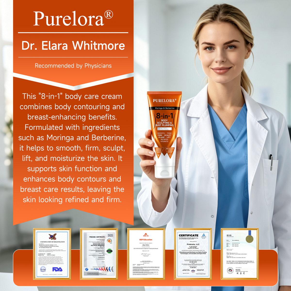 Moringa & Berberine 8-in-1 Body Sculpting & Bust Plumping Cream Smooth · Firm · Tone · Sculpt · Refresh · Hydrate · Plump · Lift