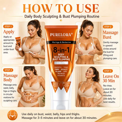 Moringa & Berberine 8-in-1 Body Sculpting & Bust Plumping Cream Smooth · Firm · Tone · Sculpt · Refresh · Hydrate · Plump · Lift